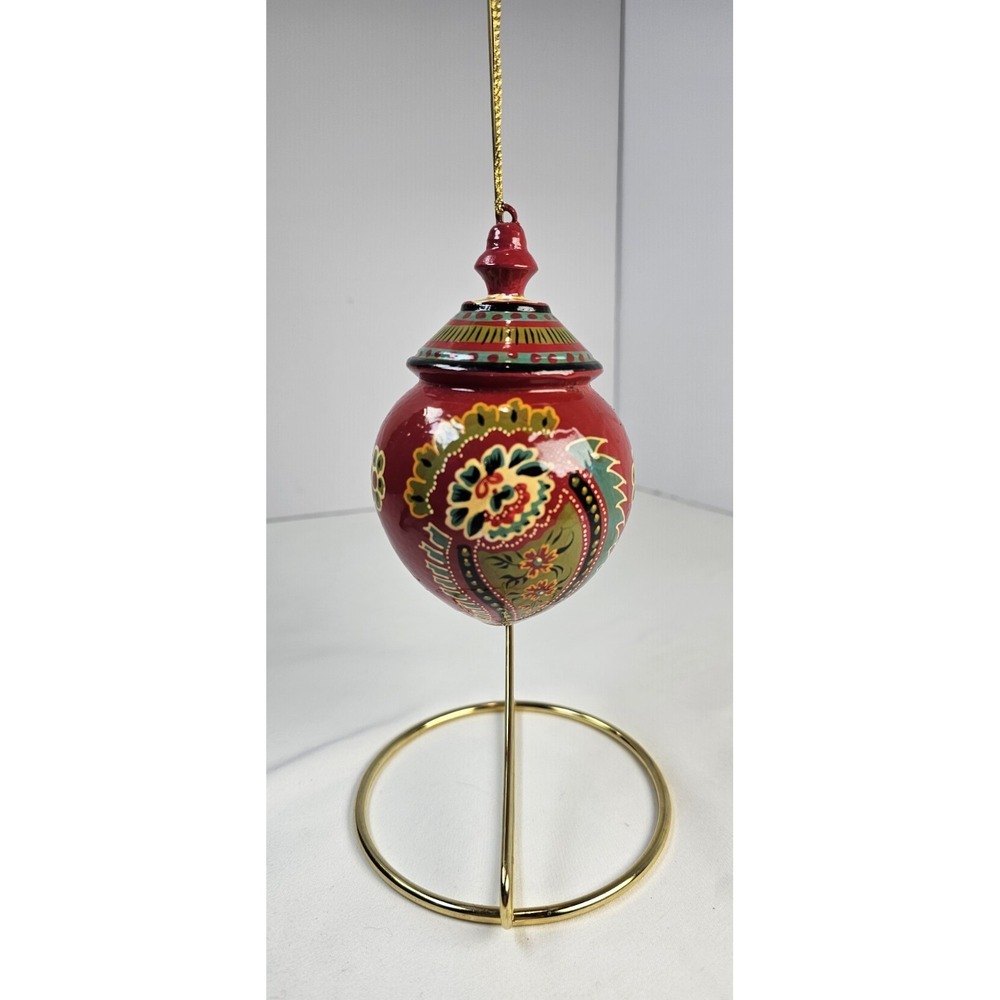 Hand Painted Wooden Christmas Ornament Red Paisley Floral - Picture 1 of 5